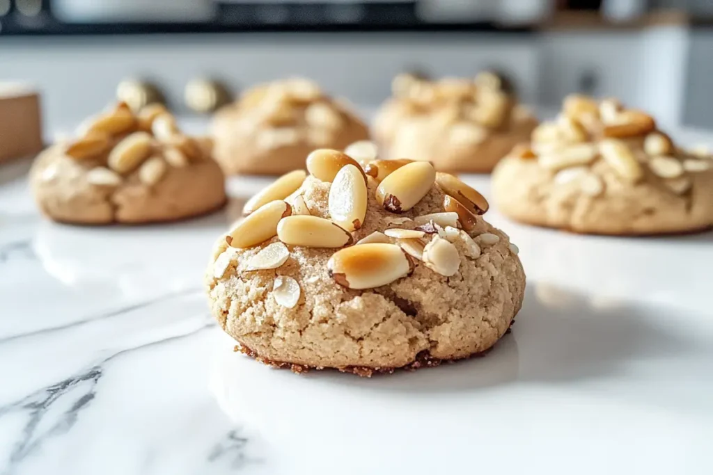 Close-up of freshly baked pignoli cookies on a white marble kitchen countertop