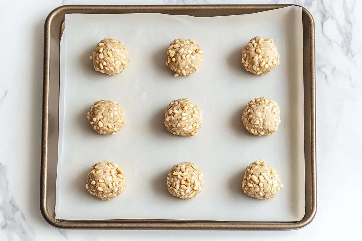 Pignoli cookie dough rolled in pine nuts on a baking tray