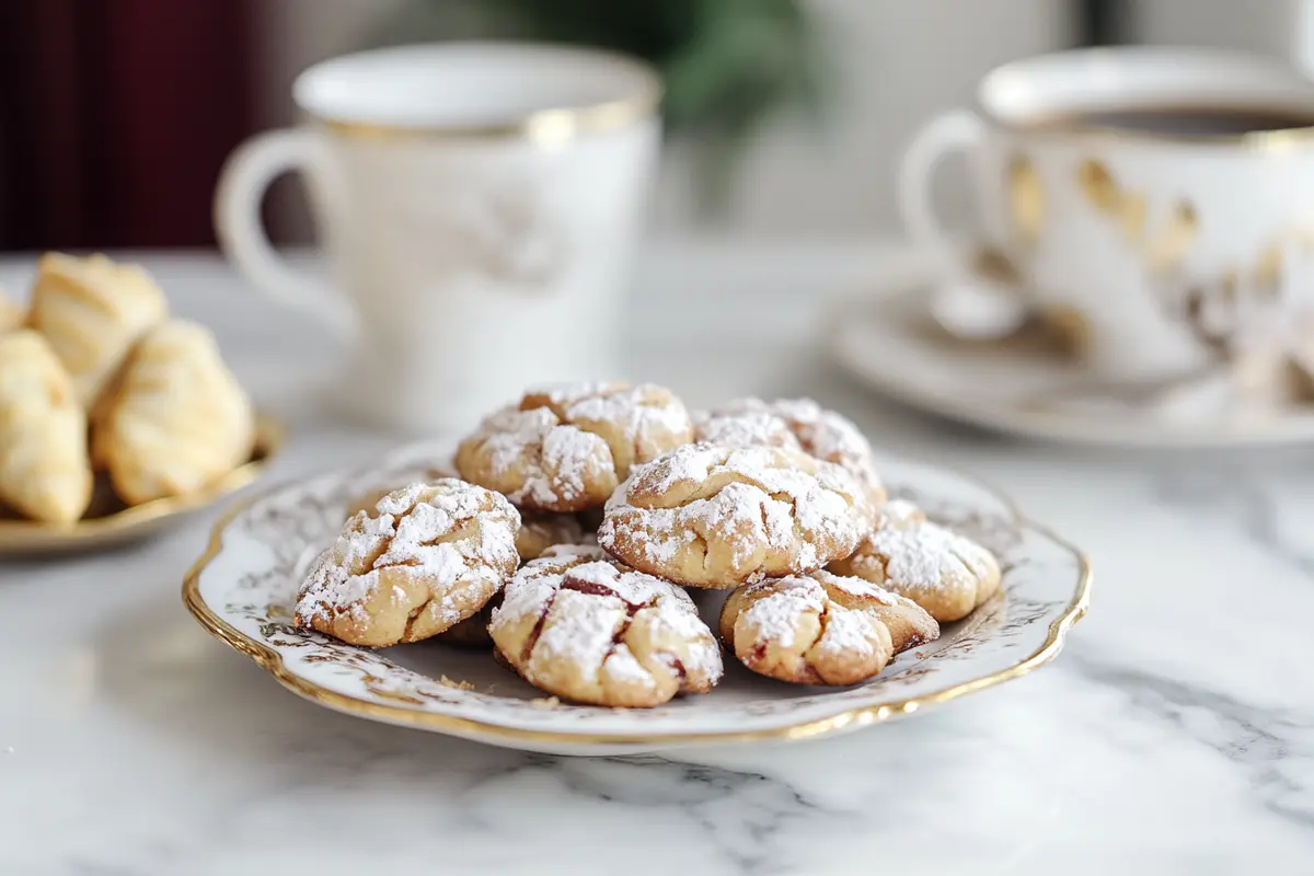 Cookies served with espresso on a marble kitchen counter
