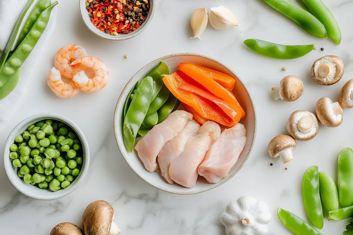Fresh chicken, shrimp, and stir fry vegetables on white marble