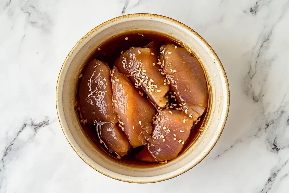 Marinated chicken slices in a glass bowl on kitchen counter