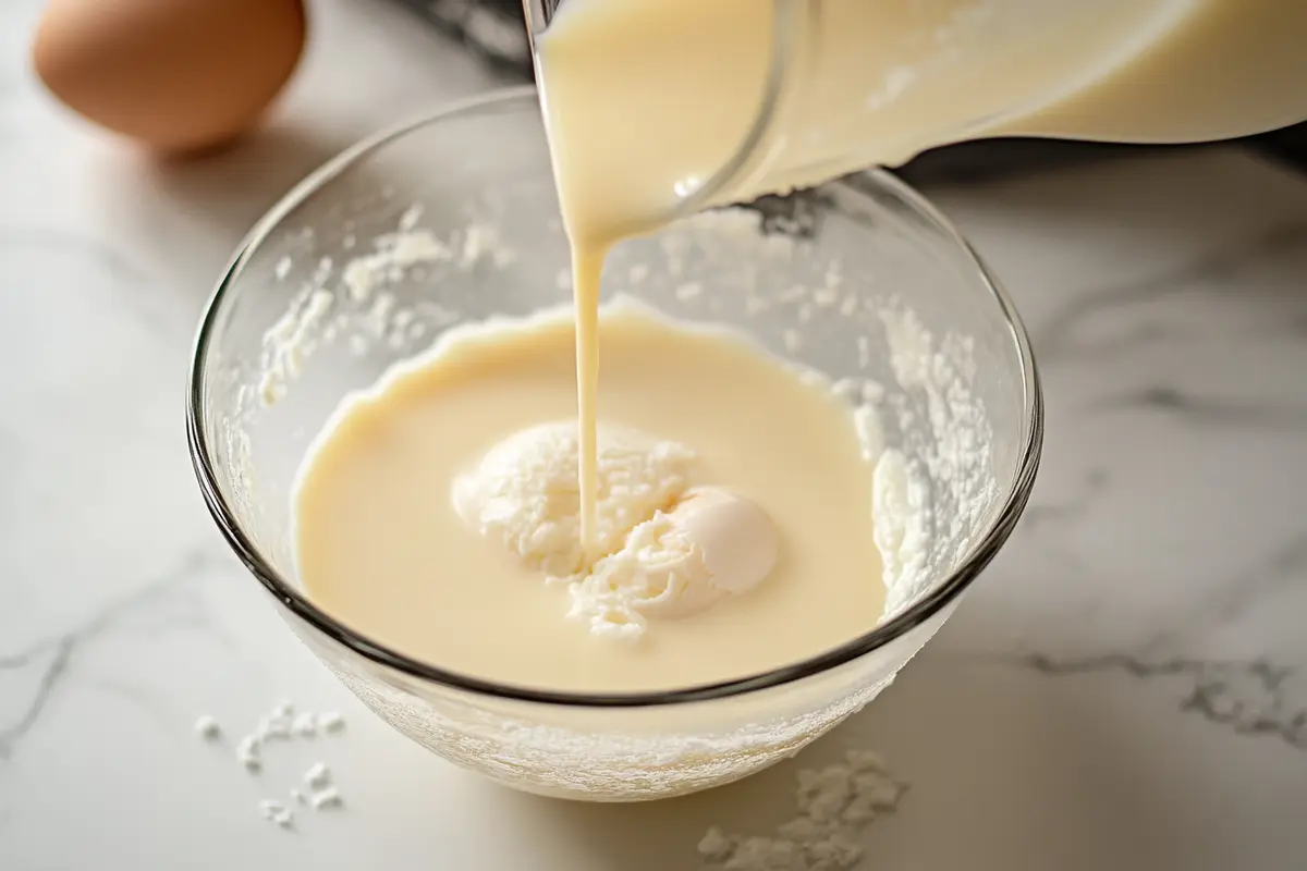 Raw egg whites being poured from a measuring cup into a glass mixing bowl.