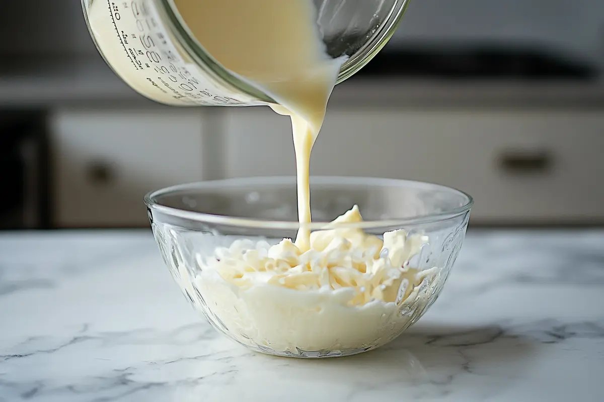 Raw egg whites being poured from a measuring cup into a glass mixing bowl.