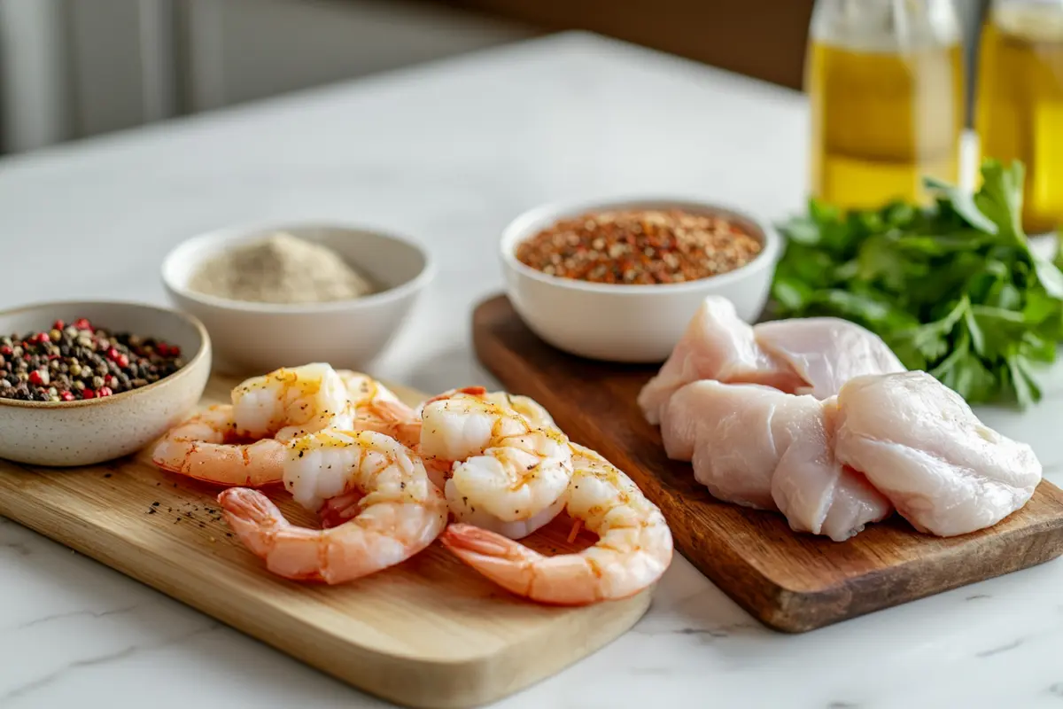 Raw chicken and shrimp prepared separately on cutting boards