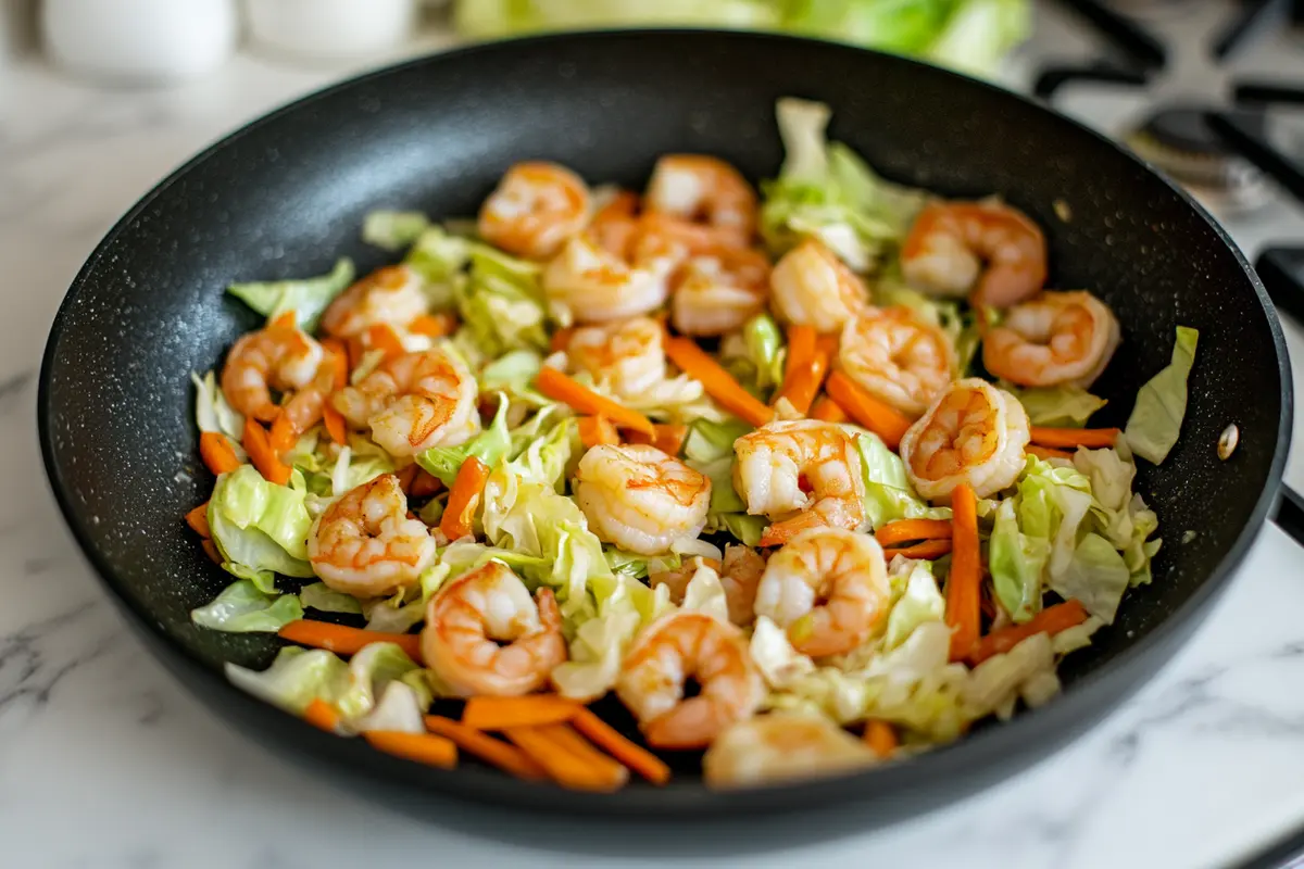 Shrimp egg roll filling being cooked in a pan with cabbage and carrots.
