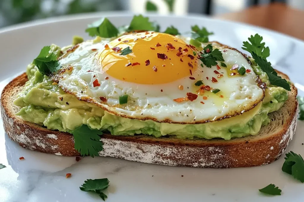 Simple avocado toast with egg on sourdough in a white kitchen