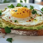 Simple avocado toast with egg on sourdough in a white kitchen
