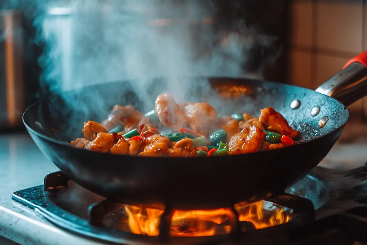 Chicken sizzling in a wok with steam rising during cooking