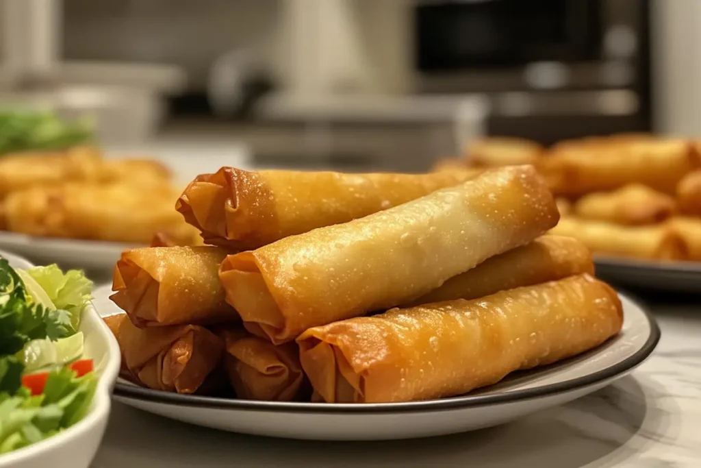 A close-up of Chinese spring rolls and egg rolls placed side by side on a white plate.