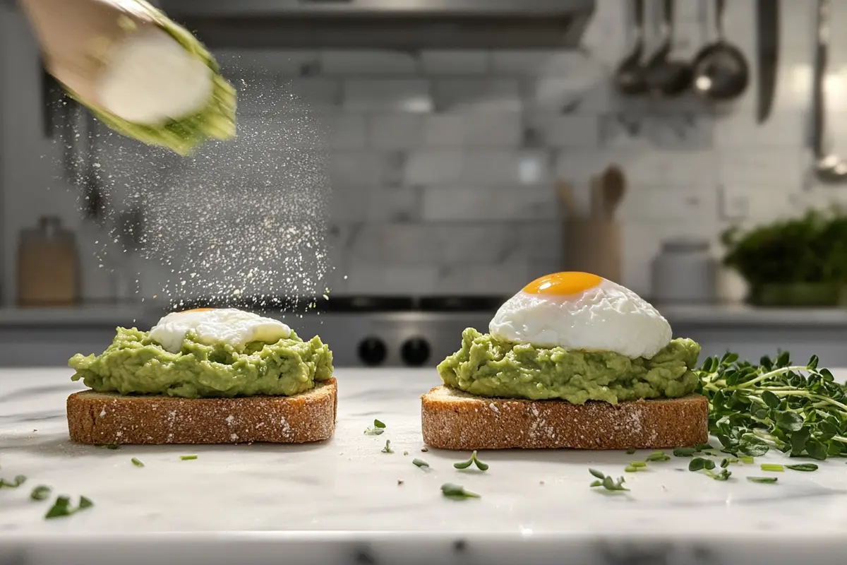 Spreading avocado on toast and topping it with poached egg