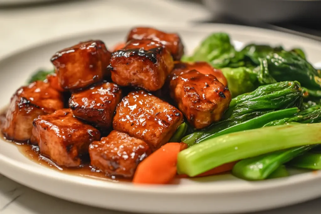 Stir-fry dish with glossy sauce and crisp vegetables on a white plate