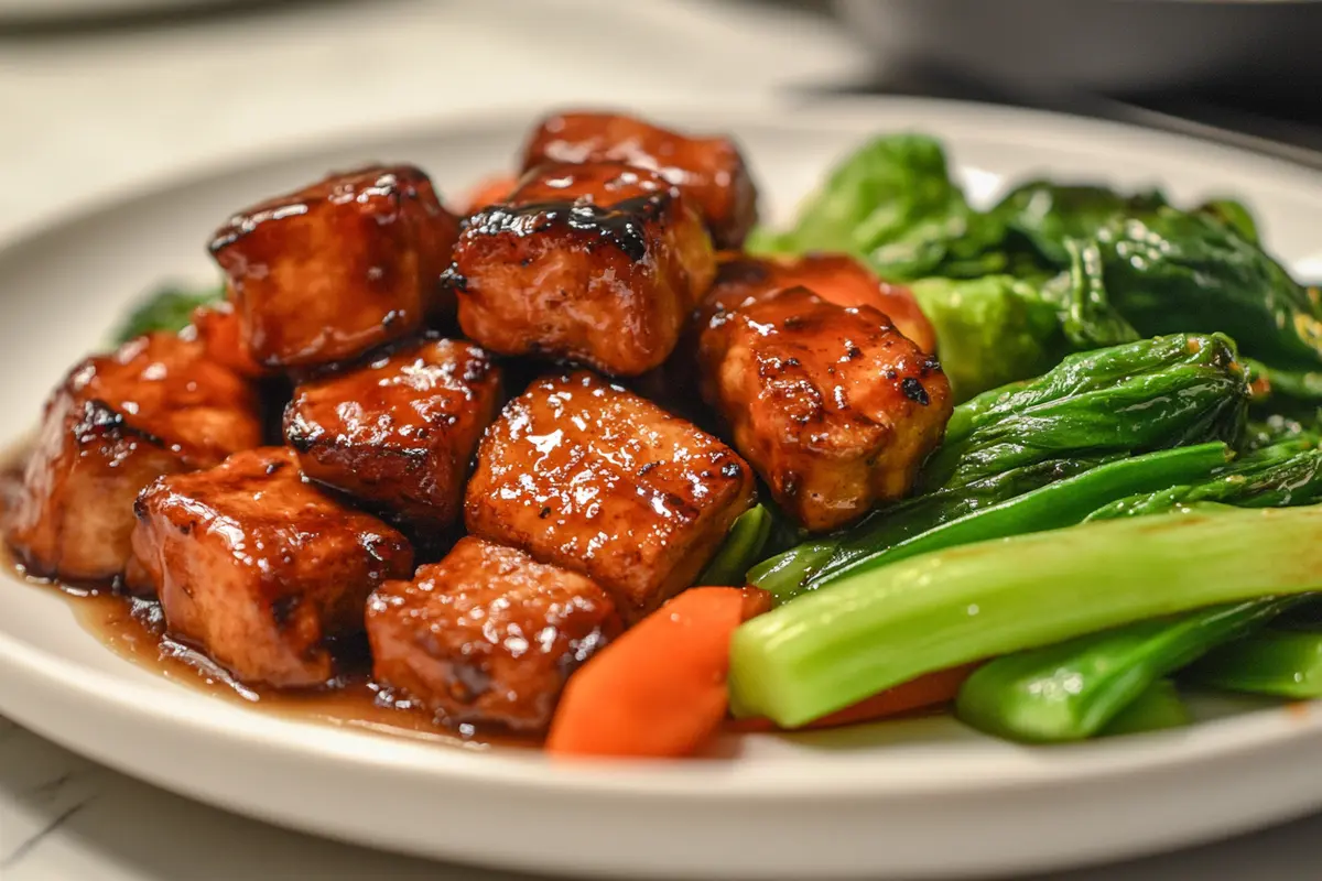 Stir-fry dish with glossy sauce and crisp vegetables on a white plate