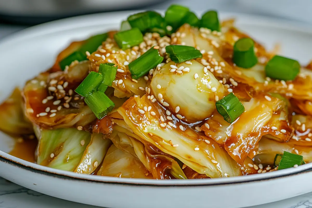 Stir-fried Chinese cabbage served on a plate with garnishes
