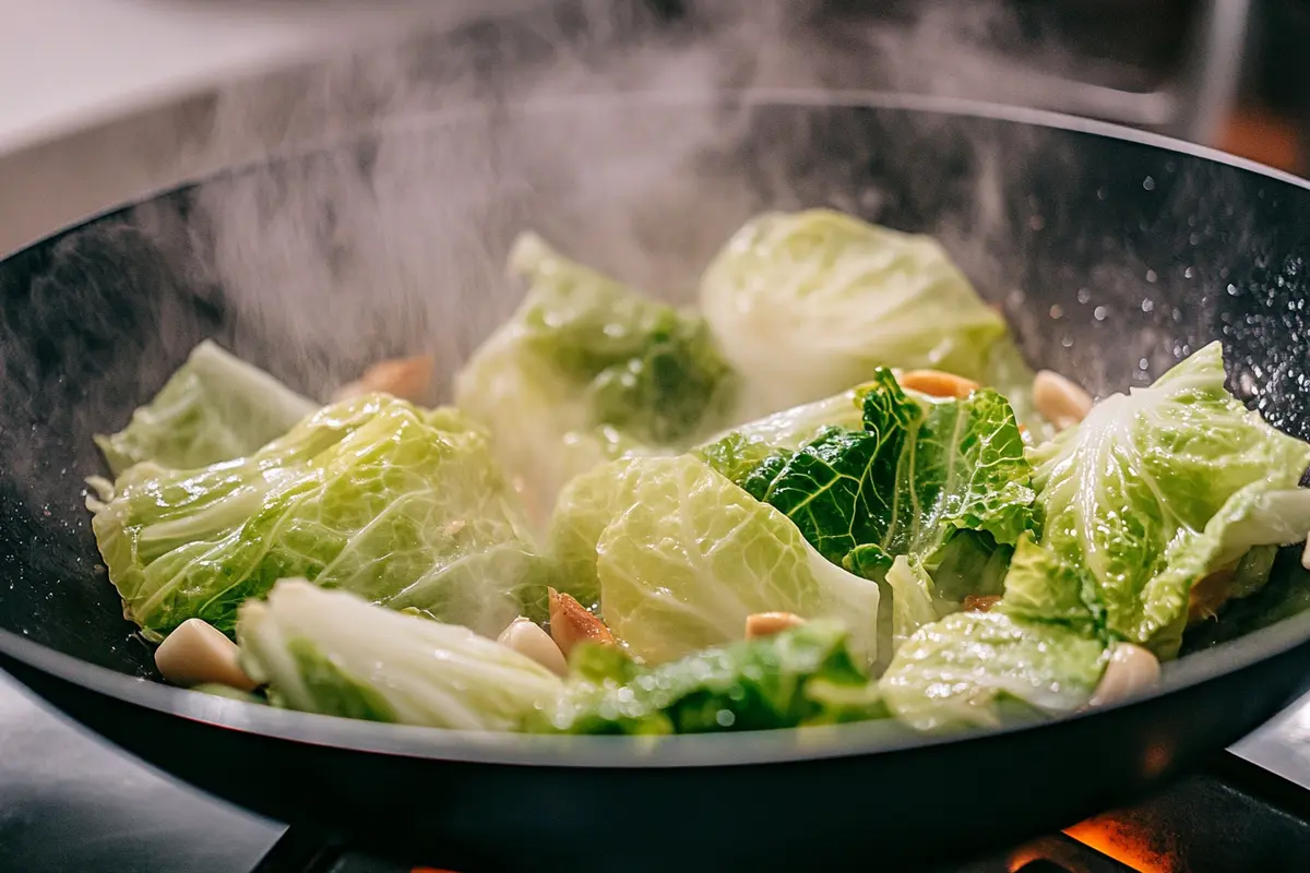 Napa cabbage being stir-fried in a wok with garlic