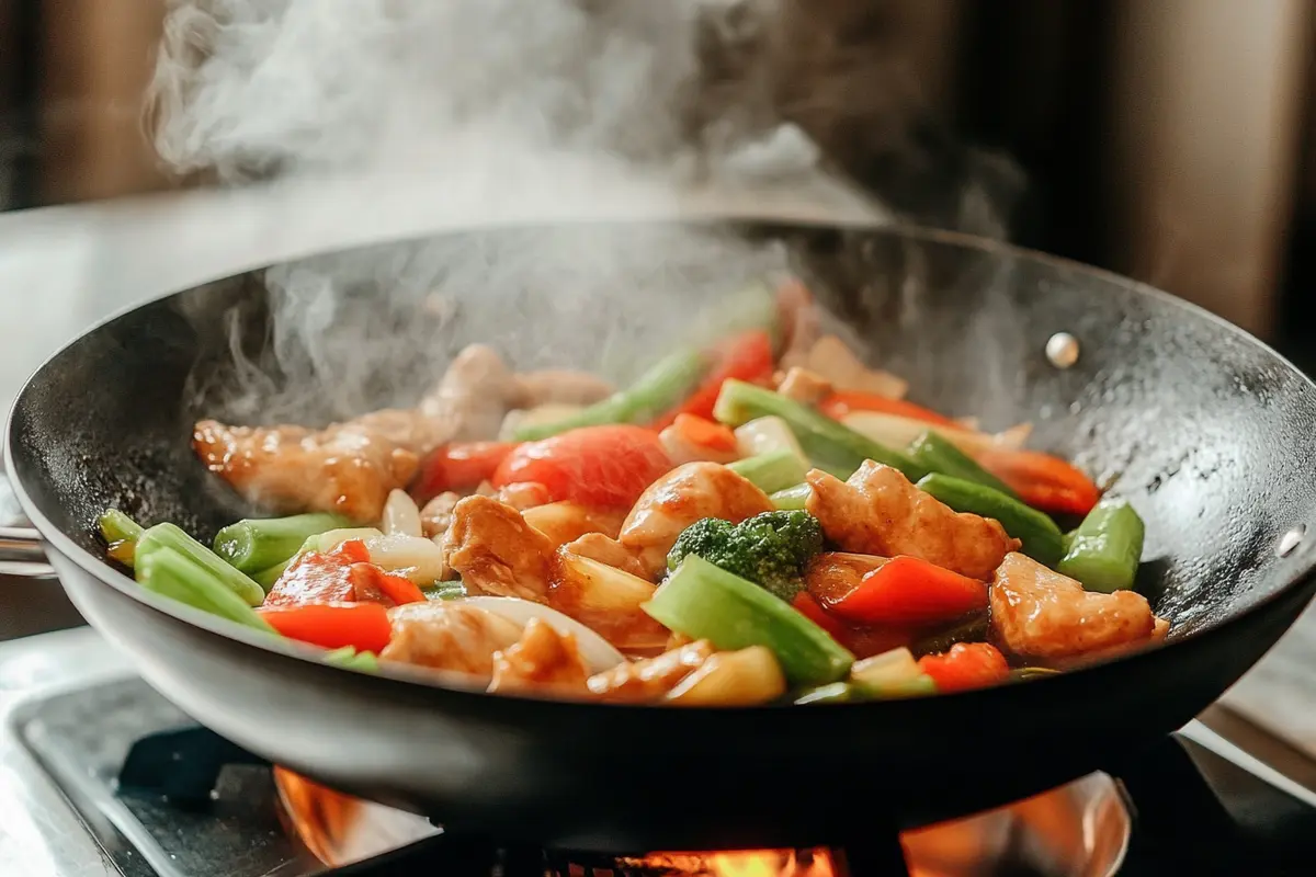 Stir-frying vegetables and chicken in a wok over high heat