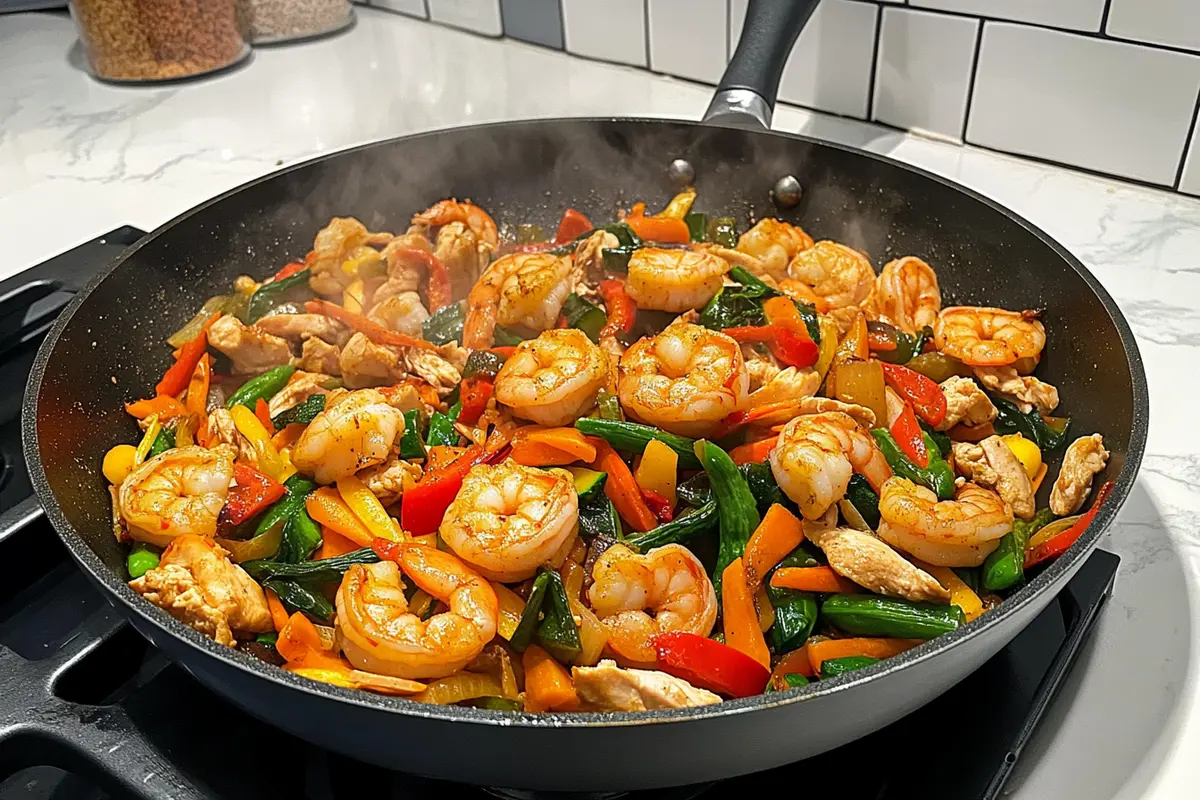 Stir fry with chicken, shrimp, and vegetables in a skillet