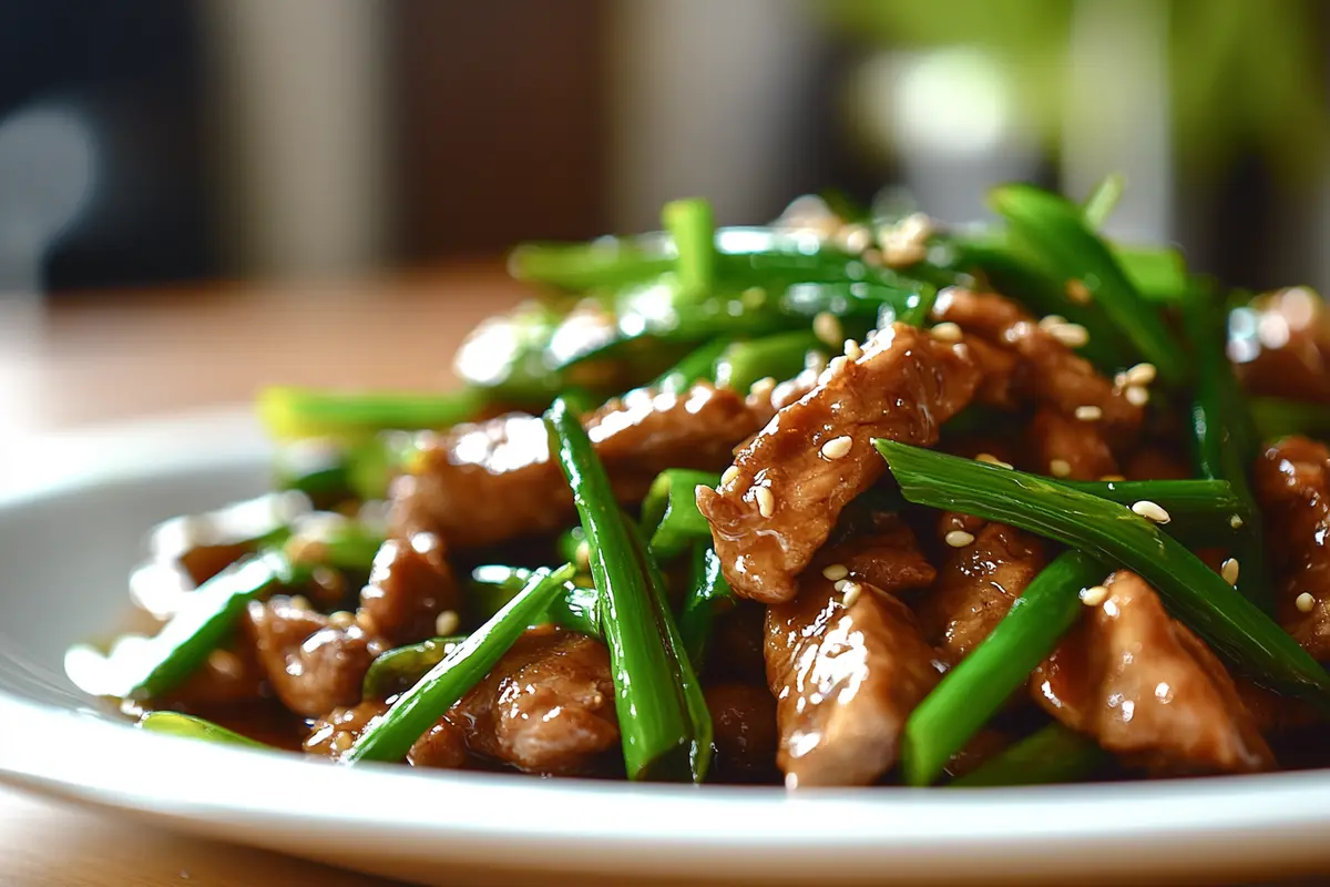 Stir-fried chicken served on a white plate with garnishes