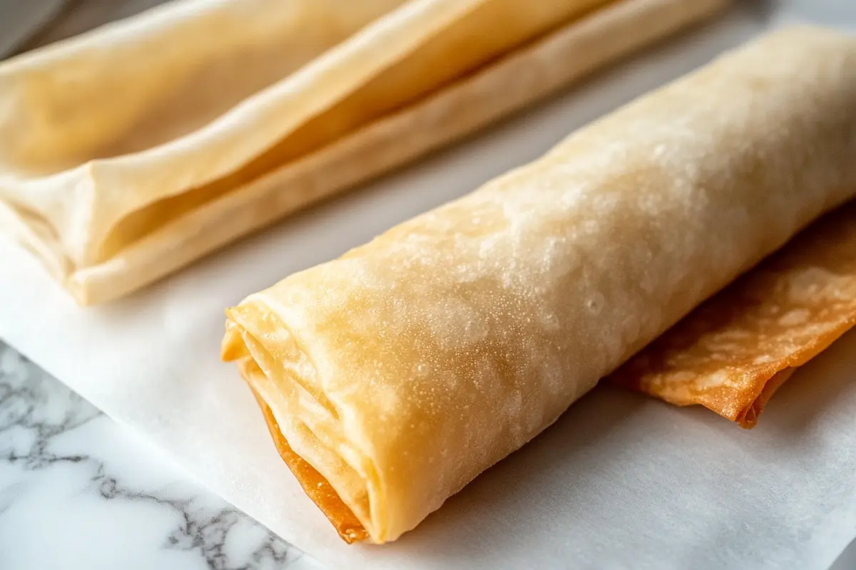 A visual comparison of thin spring roll wrappers and thick egg roll wrappers on a marble countertop.