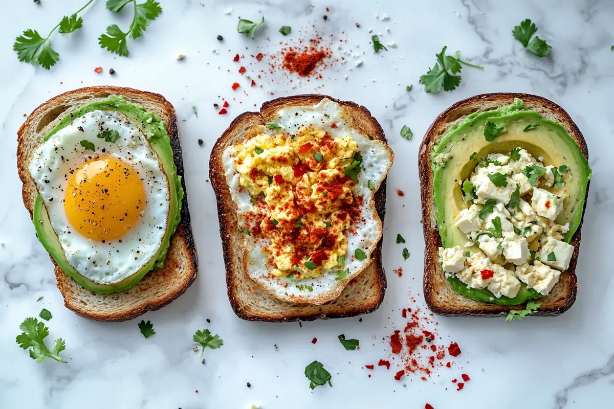 Different styles of avocado toast with egg