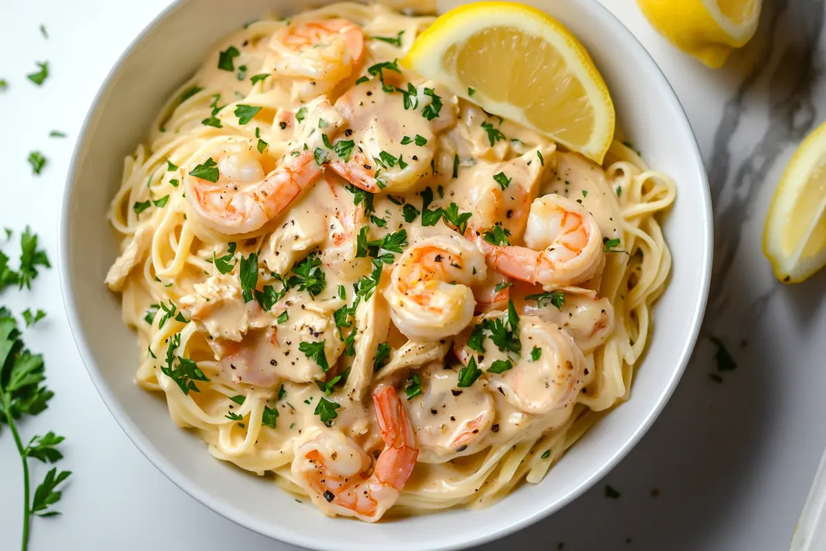 Creamy chicken and shrimp pasta with parsley garnish.