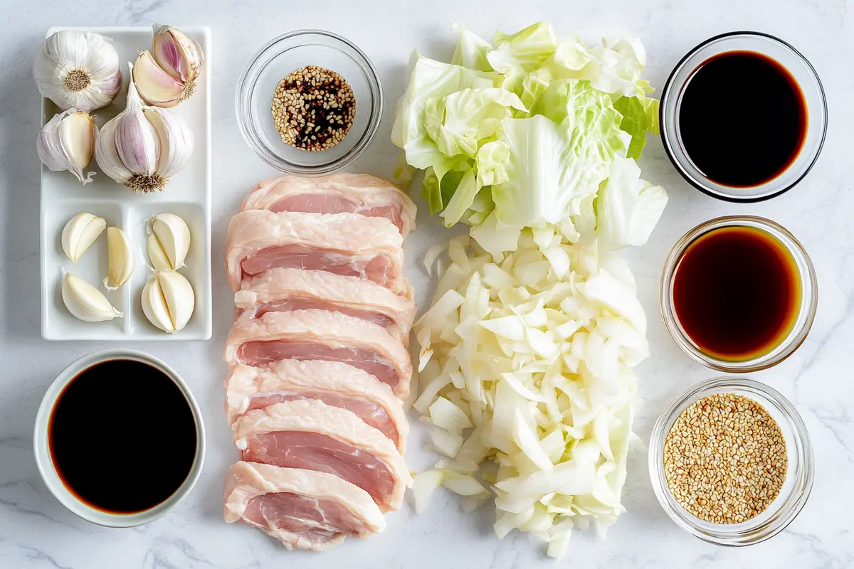 Flat lay of raw chicken, cabbage, and stir-fry ingredients