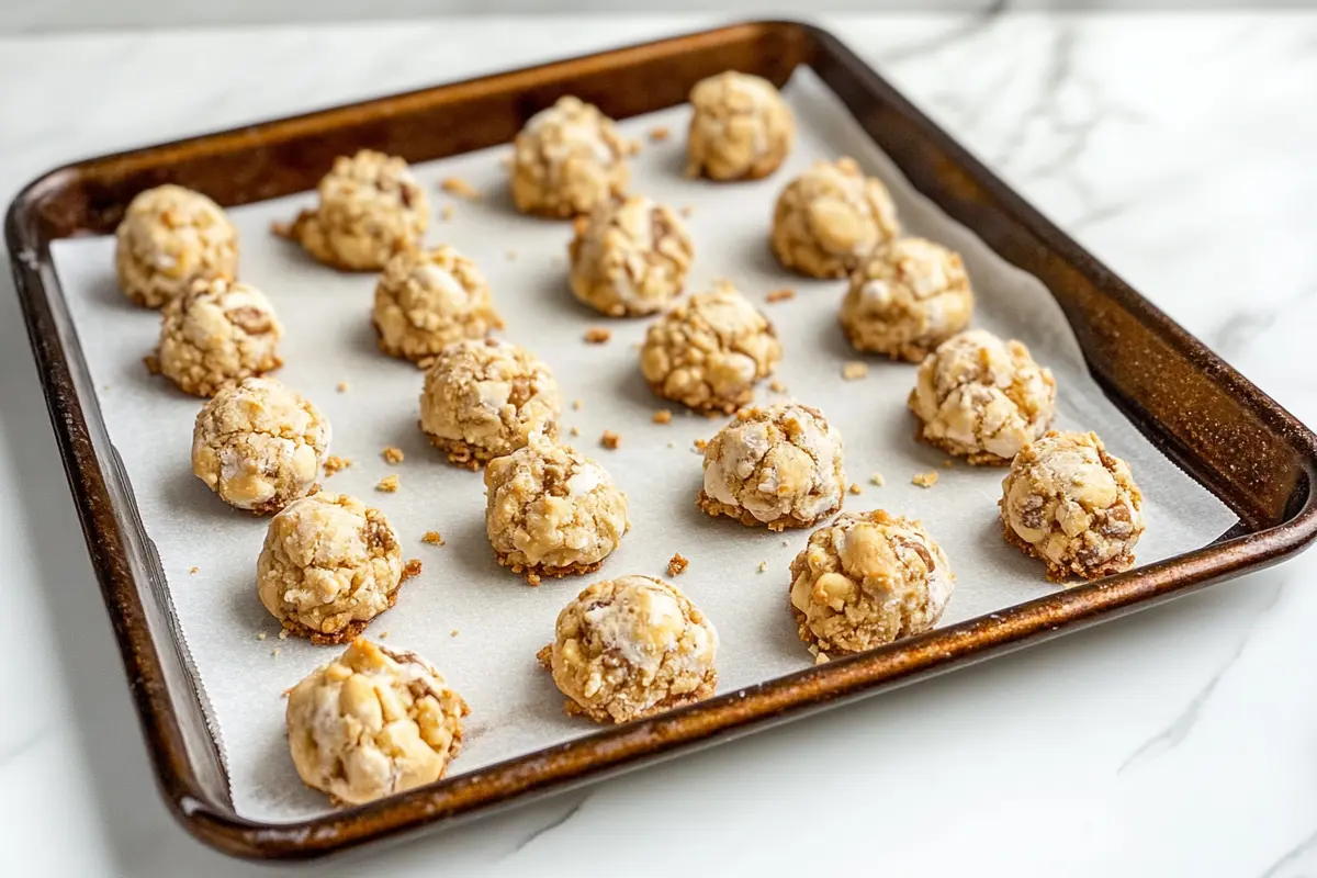 Unbaked pignoli cookies arranged on a parchment-lined baking sheet.