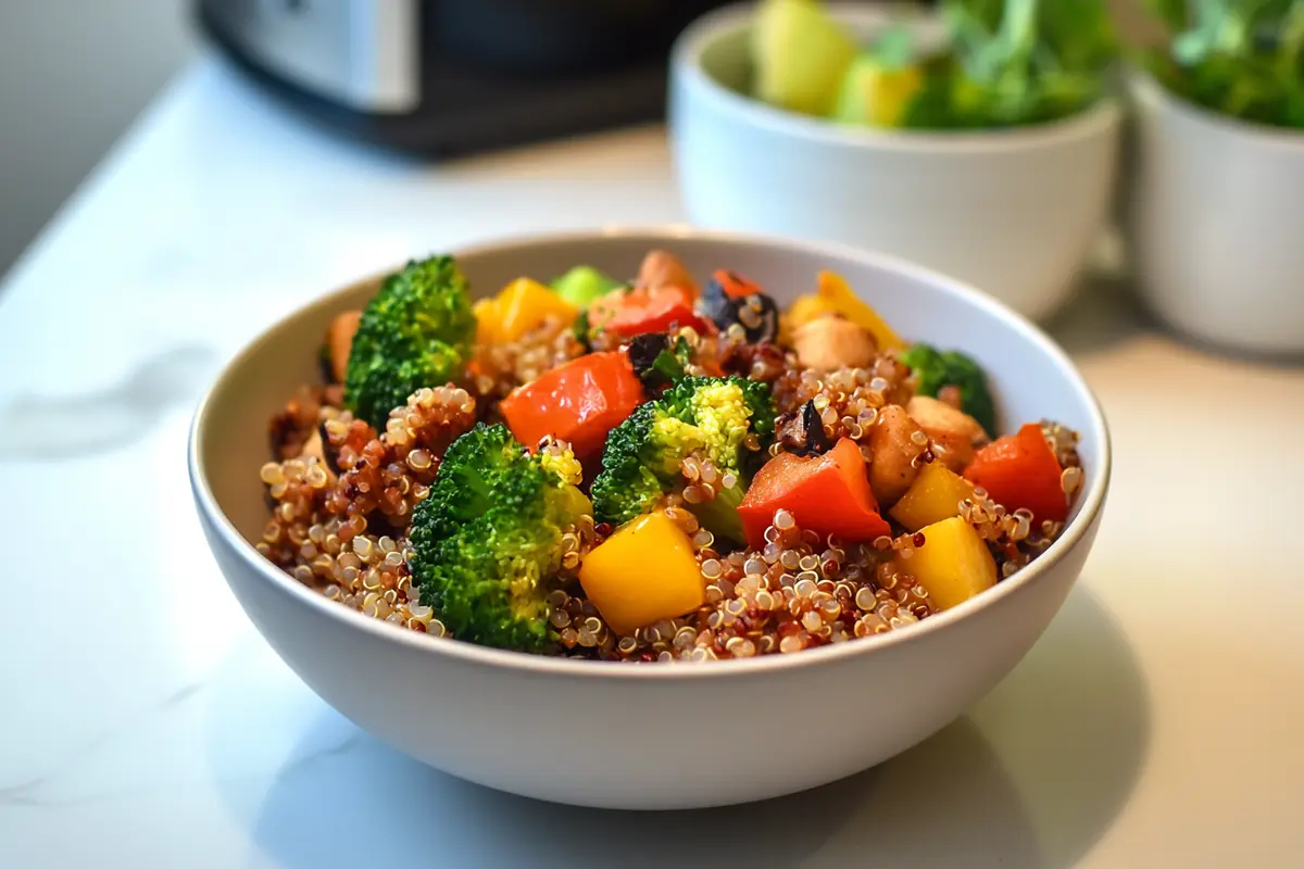 Quinoa bowl with colorful vegetables made in a rice cooker