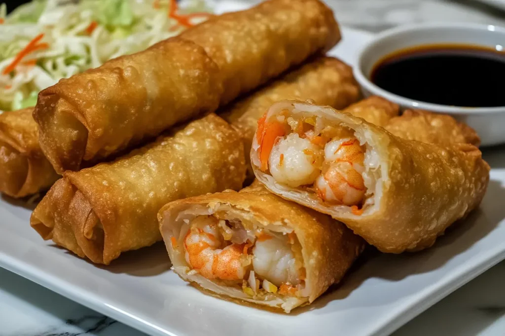 Close-up of crispy shrimp egg rolls on a white marble countertop, with soy sauce and cabbage on the side.