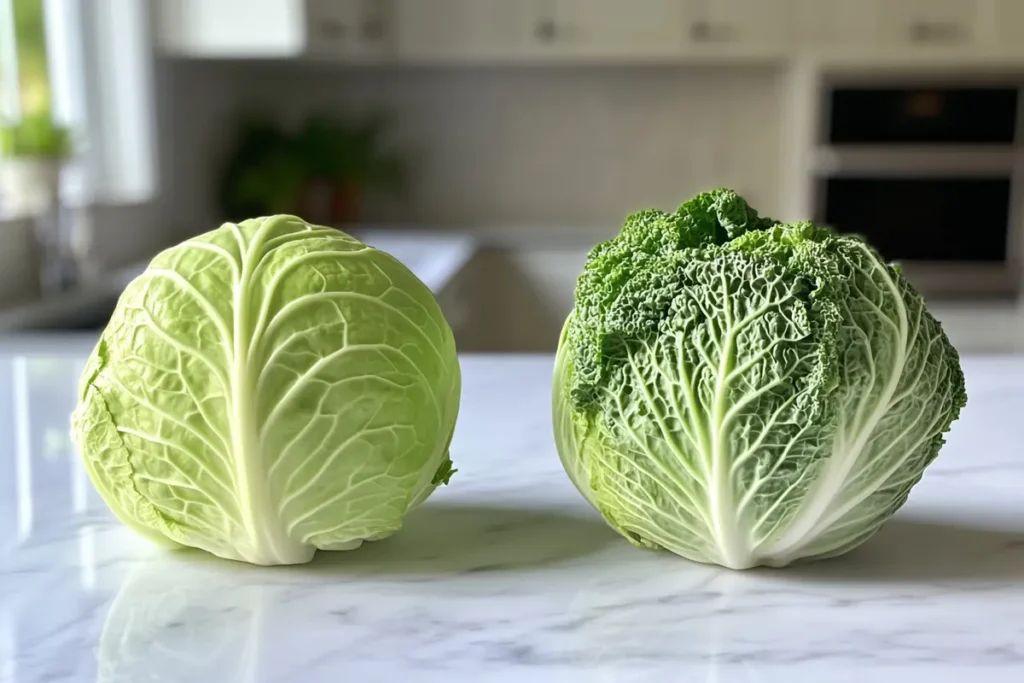 Green cabbage and Chinese cabbage side by side on a white marble counter