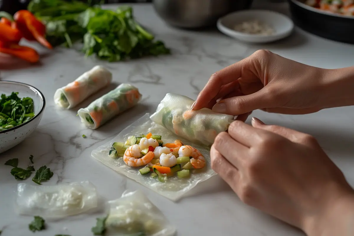 Hands wrapping a shrimp egg roll with fresh filling inside.